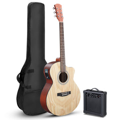 Ukscs 41-inch Willow panel guitar with matte binding, comes with a 15W amplifier, bag, tuner, strings and other accessories, natural wood color.
