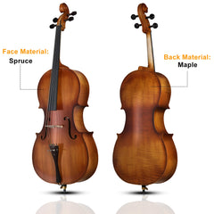 Ozici Full Side 4/4 Matte Natural Color Spruce Panel Cello with Bag Bow Rosin Bridge Strings