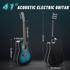Ukscs 41-inch basswood top matte binding folk guitar, equipped with 10W amplifier, gig bag, tuner and other accessories, blue rubbed