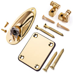 Electric guitar string roller holder, boat shaped audio cable socket hole plate and neck plate reinforcement plate