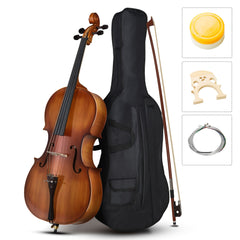 Ozici Full Side 4/4 Matte Natural Color Spruce Panel Cello with Bag Bow Rosin Bridge Strings