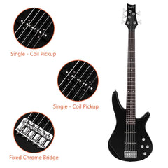 Glarry GIB 5 String Electric Bass Guitar Full Size SS Pick-up - Black