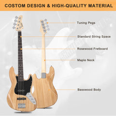 Glarry GJazz Electric Bass Guitar Black pickguard - Burlywood