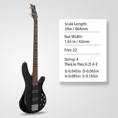 Glarry GIB 4 String Bass Guitar Full Size HH Pickup - Black
