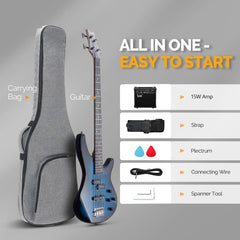 Glarry GIB 4 String Full Size Bass Guitar SS pickups w/ 20W Amplifier - Blue