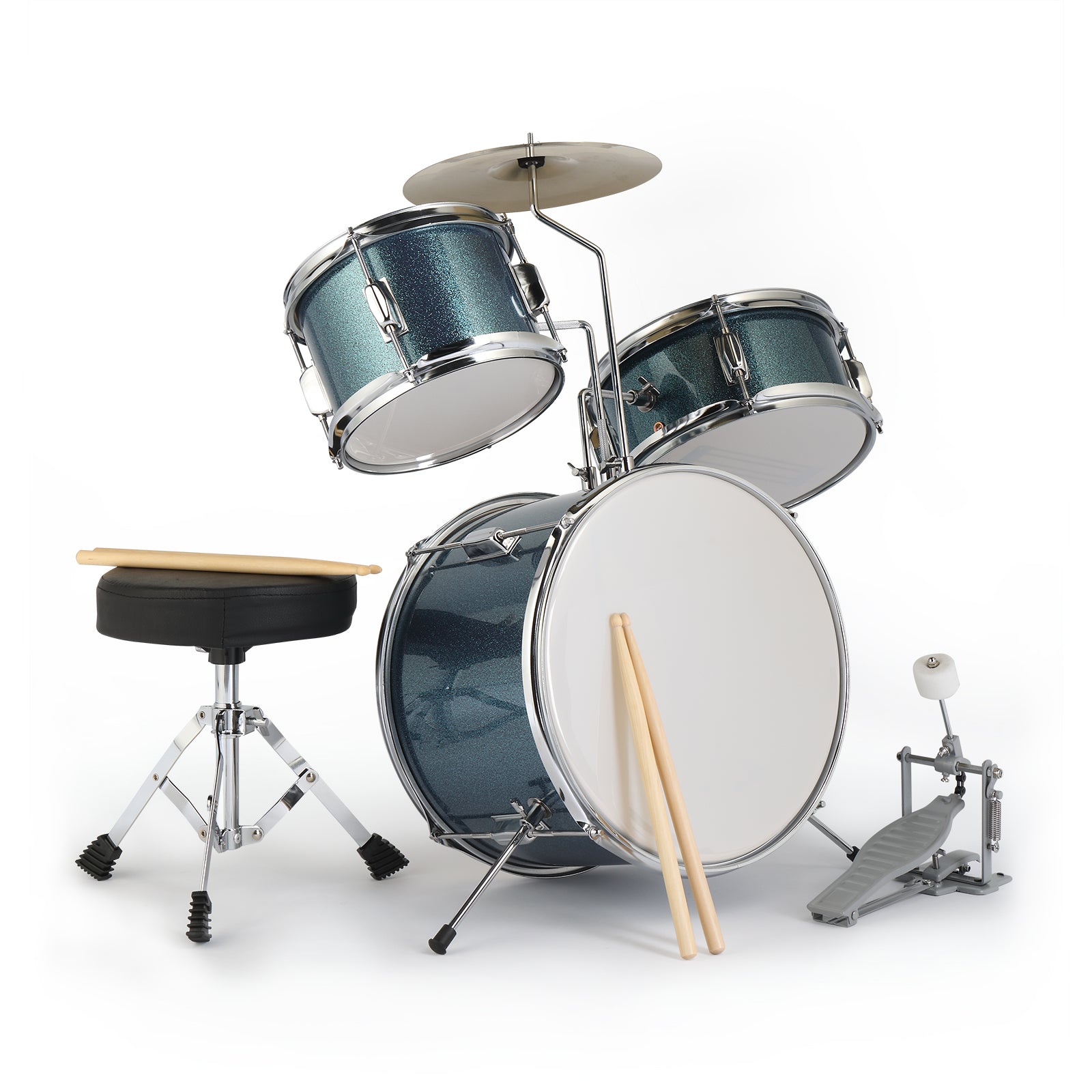 Ozici 14"x10" 3-Pieces Junior Kids Drum Set Kit Pedal Drum Stick Wrench Drum Stool Sky Blue