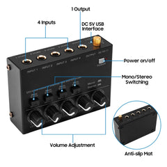Ultra Low Noise 4 Channel Line Stereo Mixer 4 Input 1 Output DC 5V