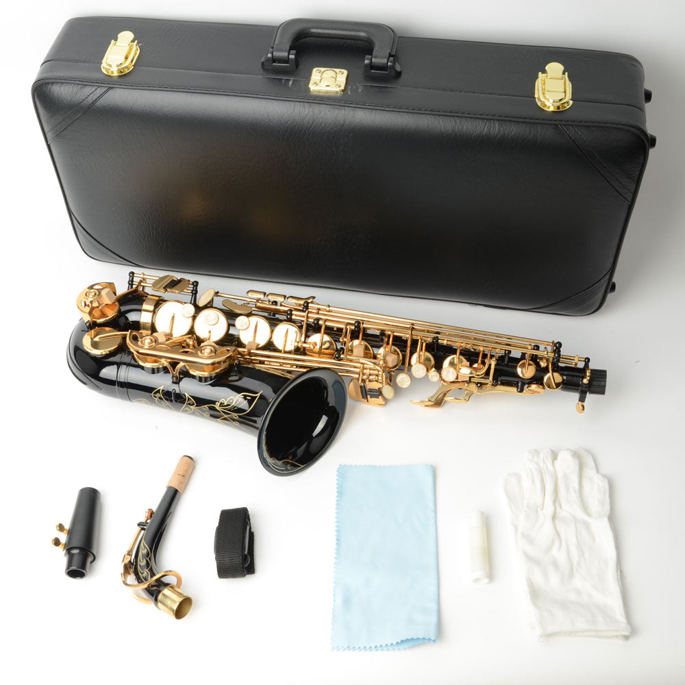 Ozici Be Brass Carving Pattern Pearl White Shell Button Saxophone with Strap - Black