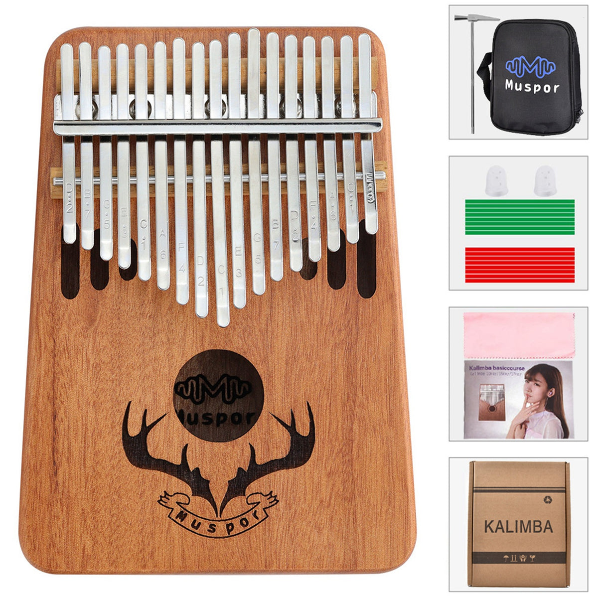 Muspor 17 Key Peach Blossom Wood Thumb Fiddle Karimba - Sound Hole Reindeer Antlers