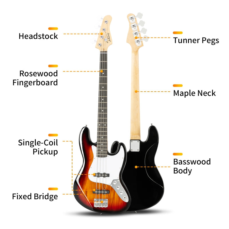 Glarry GJazz Electric Bass Guitar White pickguard - Sunset
