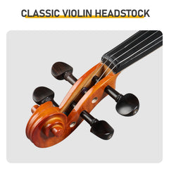 Brand new 4/4 natural tiger-striped acoustic violin set includes pitch stickers, tuner, strings, shoulder rest, rosin, bow, and premium gift box.