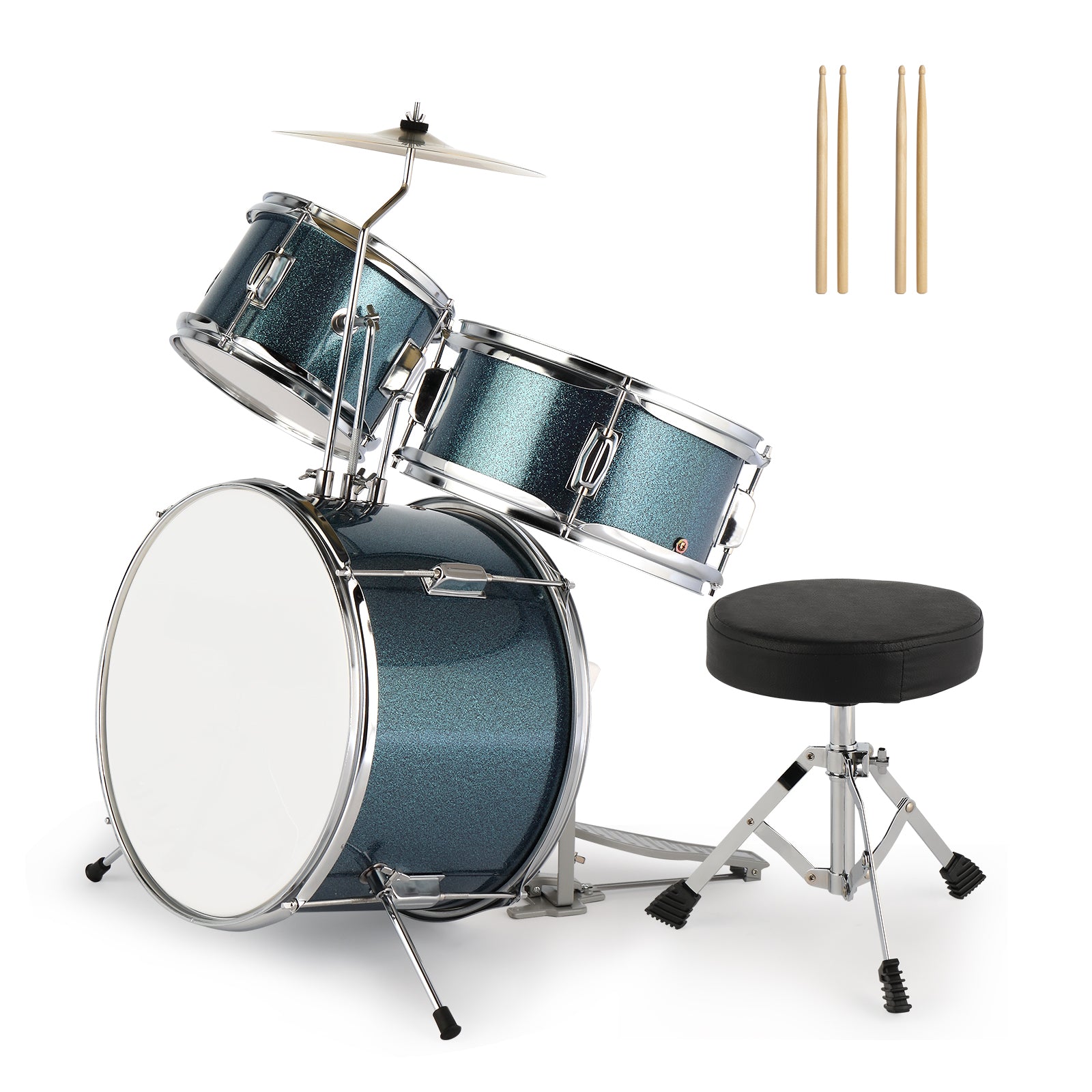 Ozici 14"x10" 3-Pieces Junior Kids Drum Set Kit Pedal Drum Stick Wrench Drum Stool Sky Blue