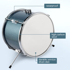 Ozici 14"x10" 3-Pieces Junior Kids Drum Set Kit Pedal Drum Stick Wrench Drum Stool Sky Blue