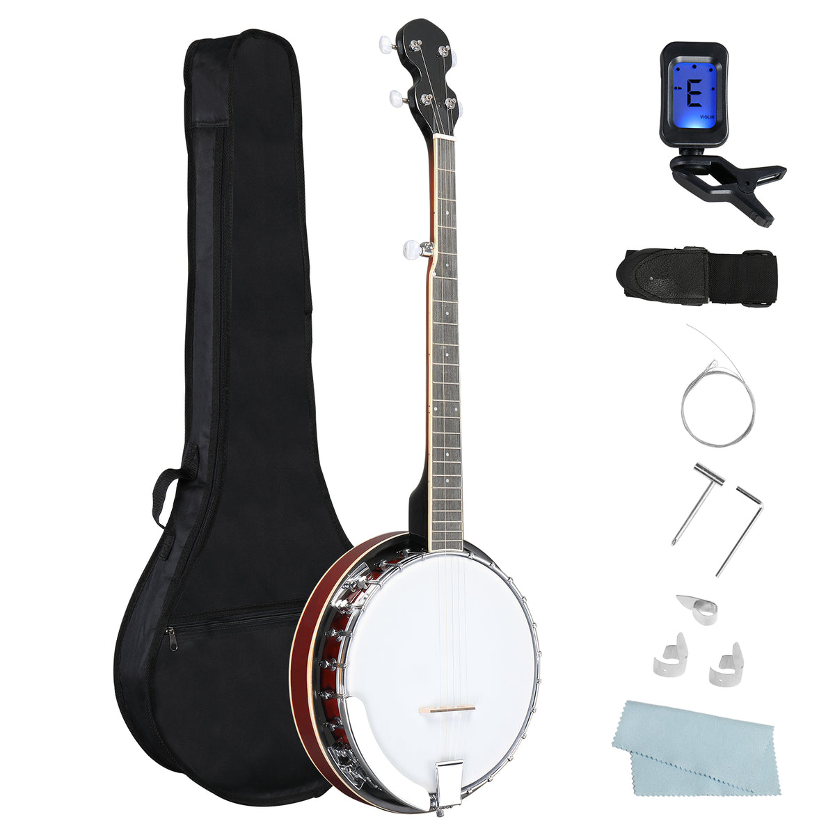 Ozici Full Size 5 String Right Handed Banjos Set with Closed Solid Sapele Back & Premium Mahogany Neck and Premium Accessories