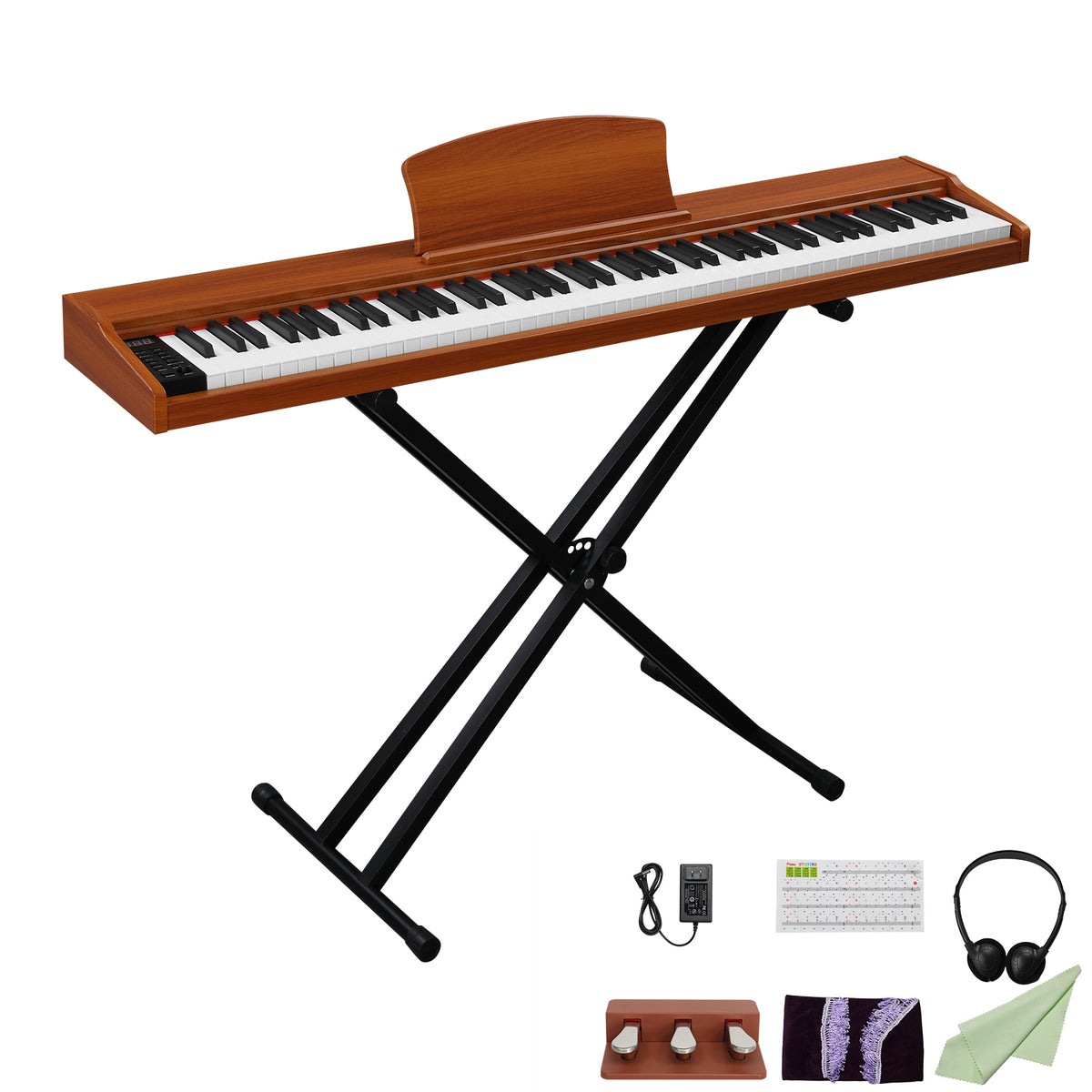 Ozici 88 Key Full Size Semi-Weighted Standard Keyboards Wooden Digital Piano with Stand,MIDI Bluetooth,Triple Pedals,Headphone and other accessories, Walnut color