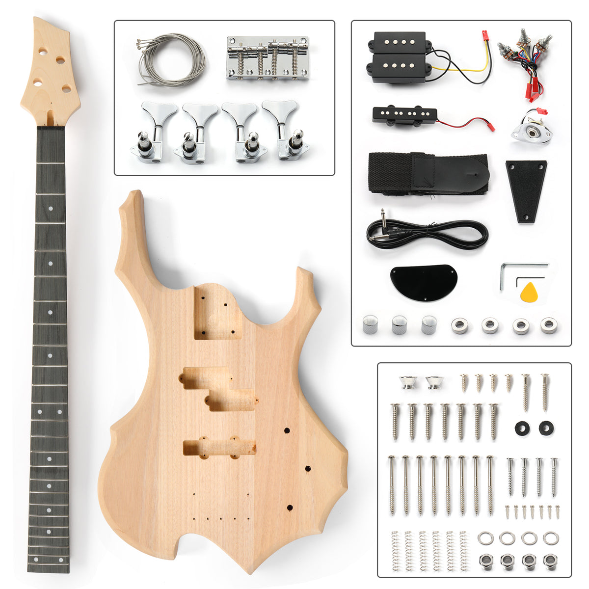 Ukscs 4 String Flame Shaped Style Electric Bass Guitar Kits with Mahogany Body, Maple Neck and Accessories