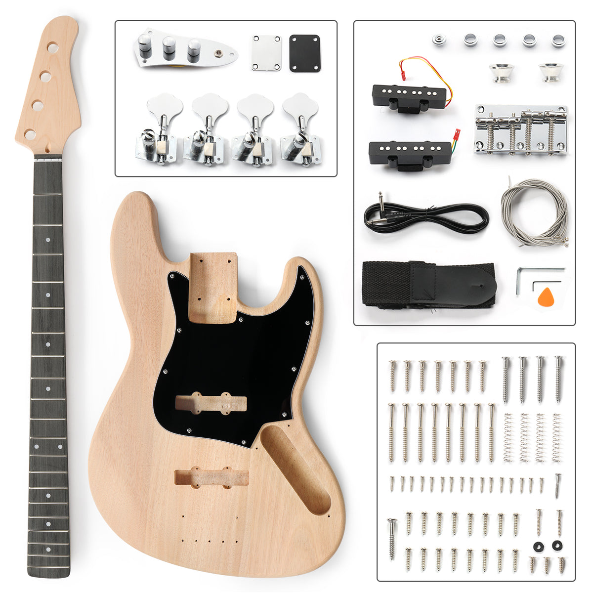 Ukscs 4 String Jazz Style Electric Bass Guitar Kits with Mahogany Body, Maple Neck and Accessories
