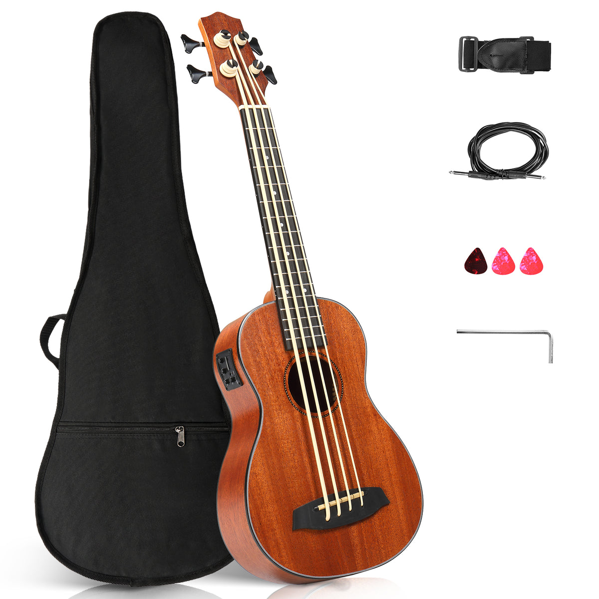 Ukscs 30-inch ukulele bass mahogany body with EQ, comes with cotton bag, capo, strap, picks*3, wrench tool