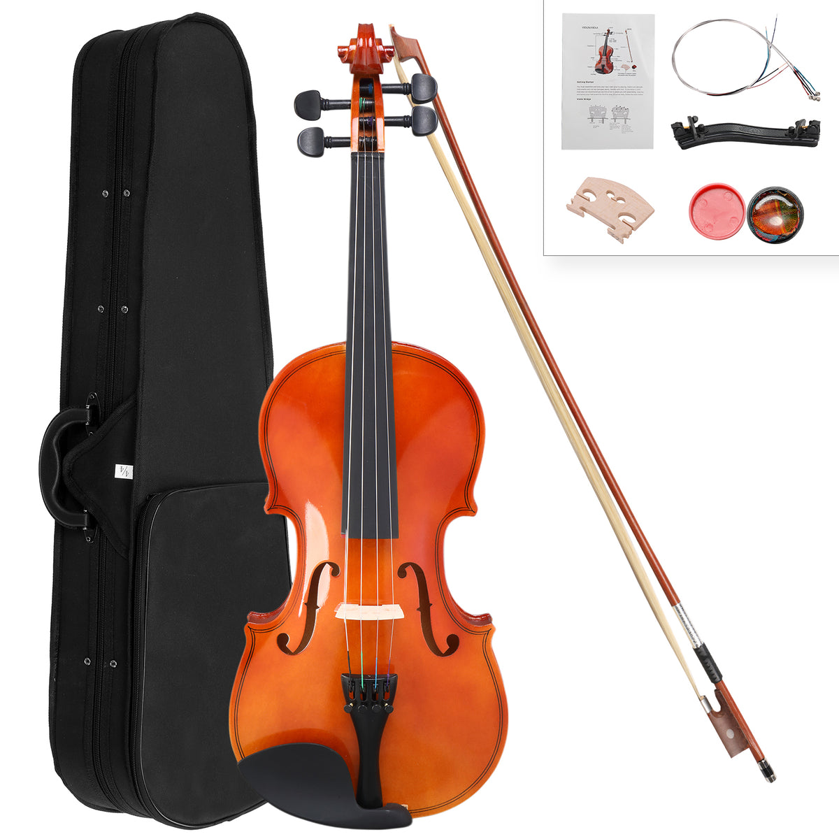 GV100 1/2 Acoustic Violin Case Bow Rosin Strings Tuner Shoulder Rest Coffee