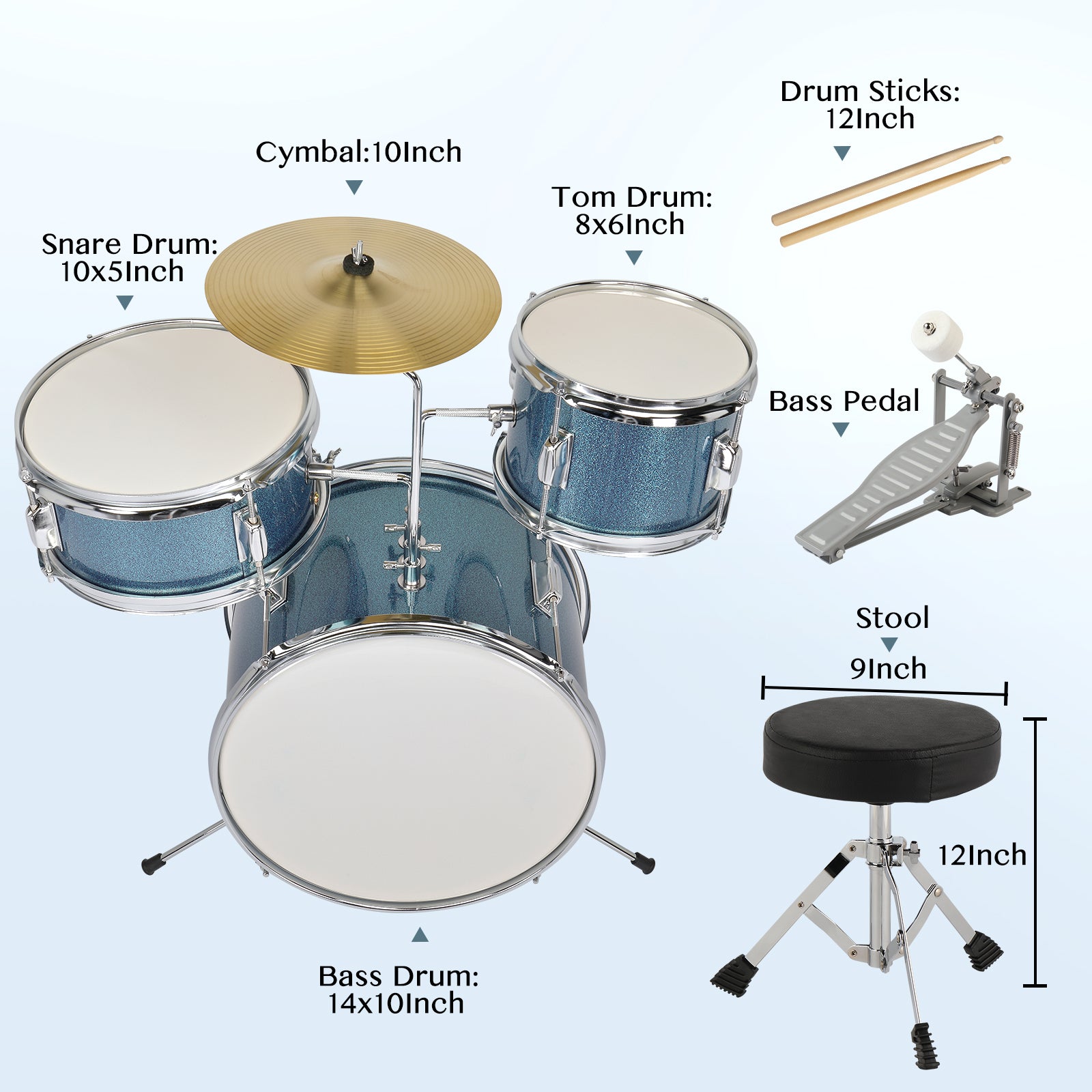 Ozici 14"x10" 3-Pieces Junior Kids Drum Set Kit Pedal Drum Stick Wrench Drum Stool Sky Blue