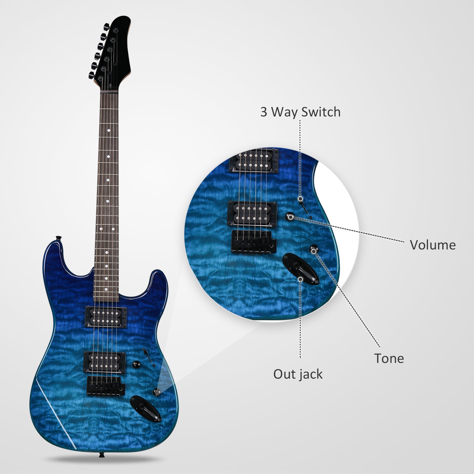 Ozici 39in Electric Guitar H-H Pickups Trans Blue suit for Heavier Rock