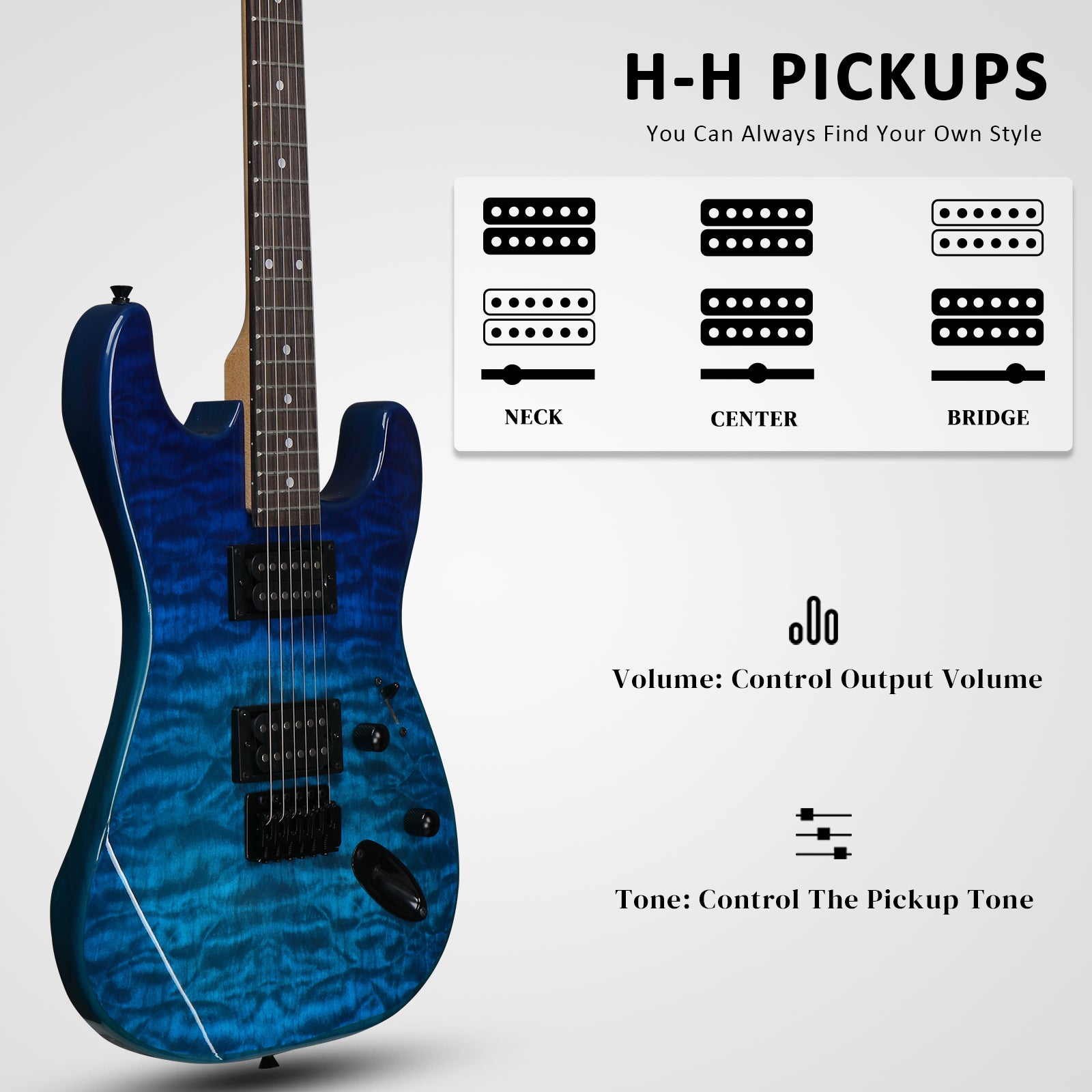 Ozici 39in Electric Guitar H-H Pickups Trans Blue suit for Heavier Rock
