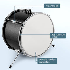Ozici 14"x10" 3-Pieces Junior Kids Drum Set Kit Pedal Drum Stick Wrench Drum Stool Black