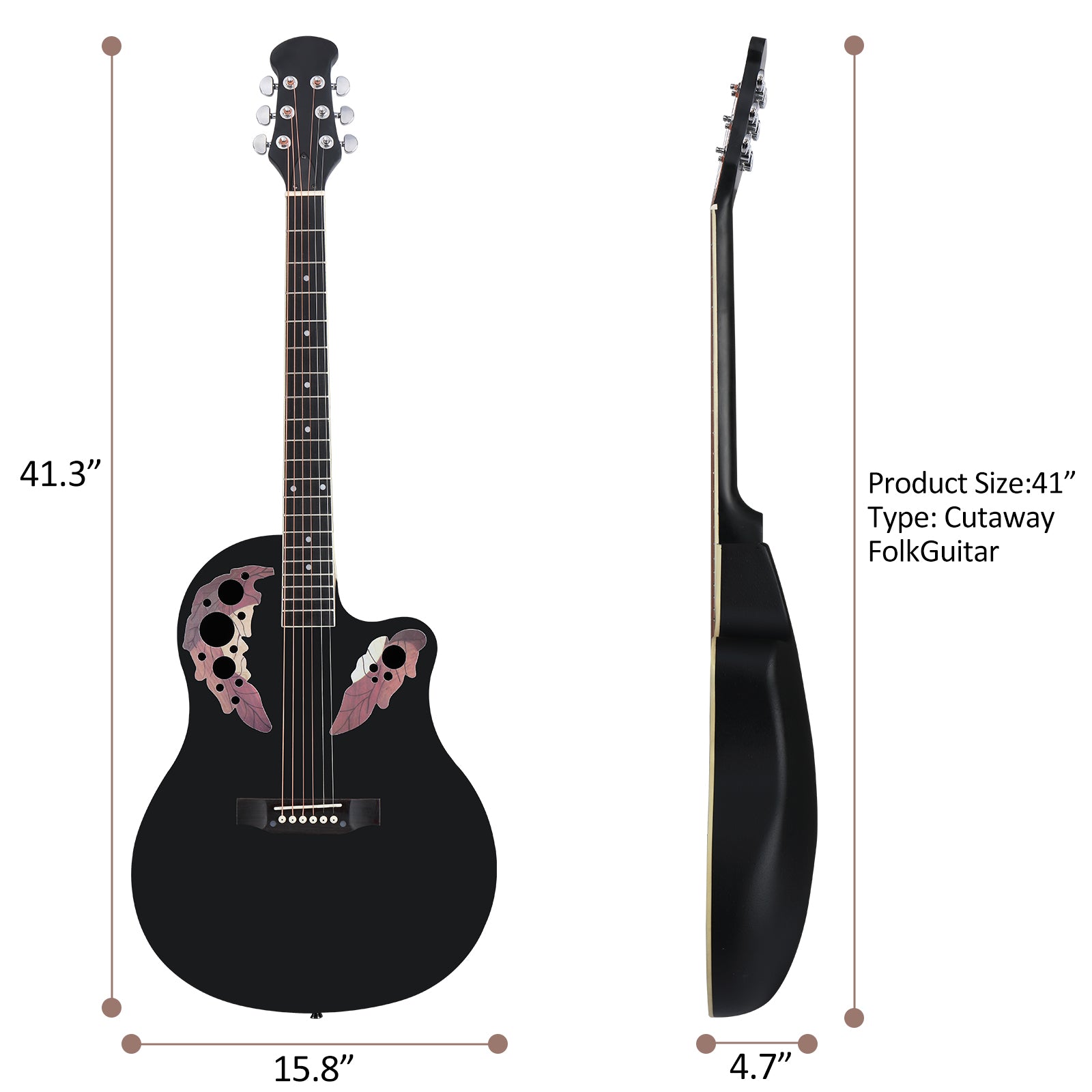 Ozici 41 inch Cutawary Round Back Acoustic Guitar Spruce Top Grape Hole - Black