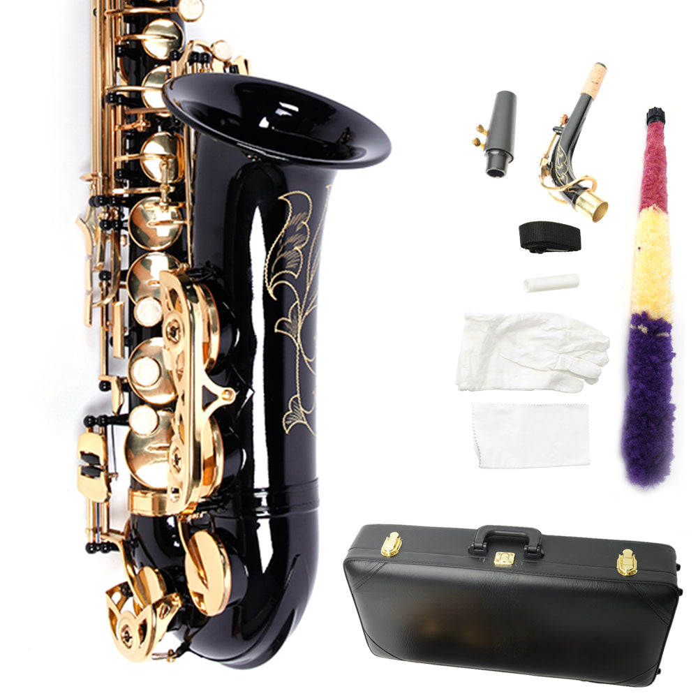 Ozici Be Brass Carving Pattern Pearl White Shell Button Saxophone with Strap - Black