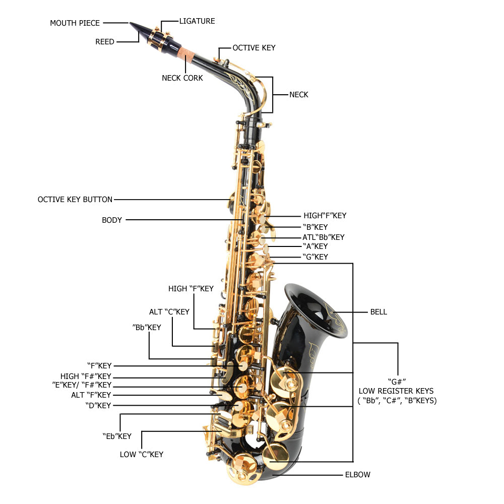 Ozici Be Brass Carving Pattern Pearl White Shell Button Saxophone with Strap - Black