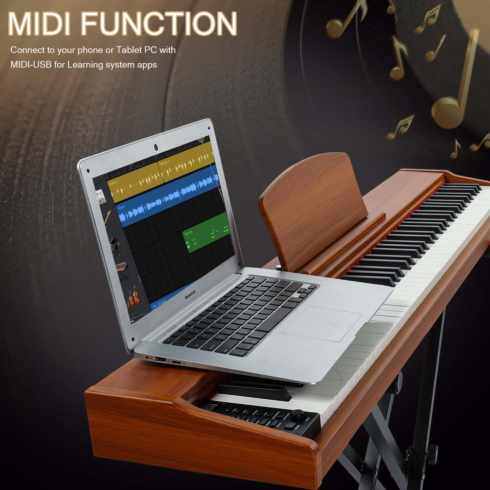 Ozici GPP-107 88 Key Full Size Semi-Weighted Standard Keyboards Wooden Digital Piano with Stand,MIDI Bluetooth,Triple Pedals,Headphone and other accessories, Walnut