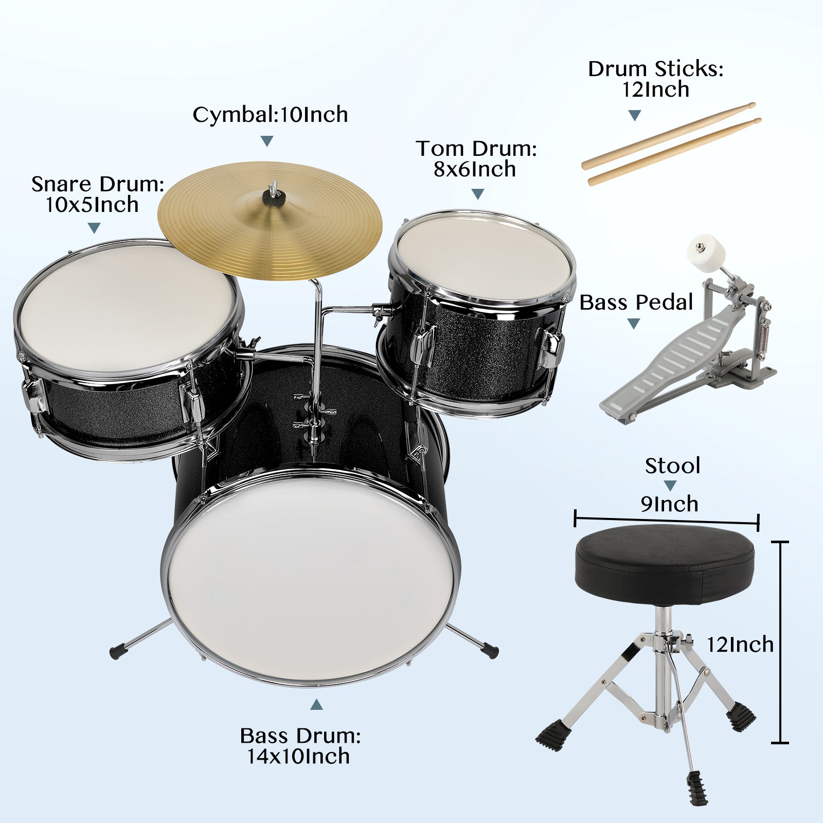 Ozici 14"x10" 3-Pieces Junior Kids Drum Set Kit Pedal Drum Stick Wrench Drum Stool Black