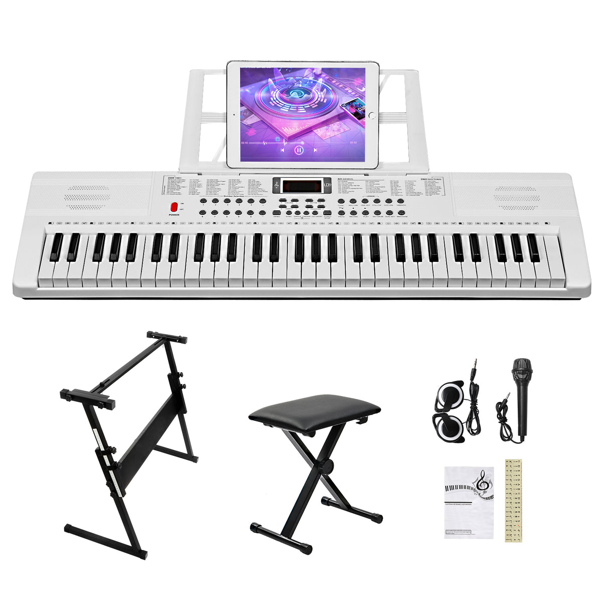 Ozici GEP-110 61 Key Lighting Keyboard with Piano Stand, Piano Bench, Built In Speakers, Headphone, Microphone, Music Rest, LED Screen