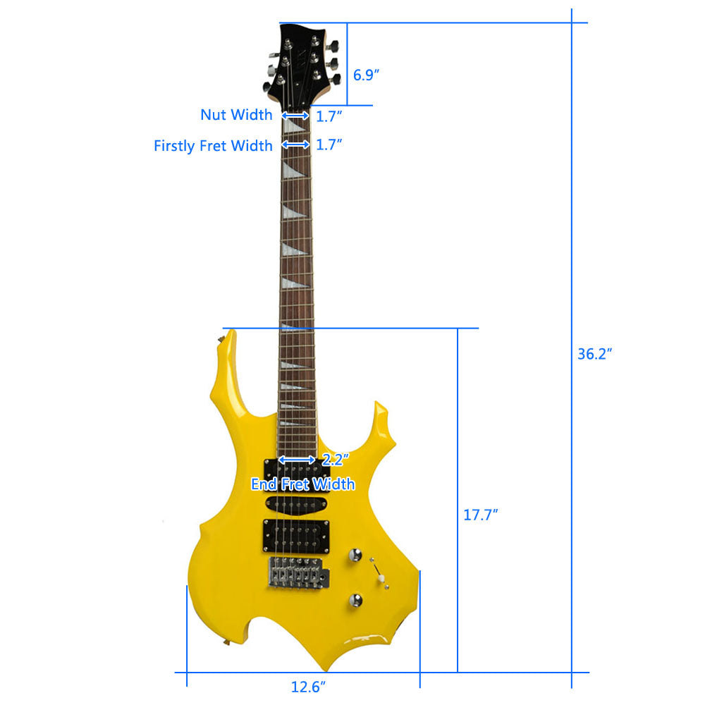 Ozici Novice Flame Shaped Electric Guitar HSH Pickup Bag Strap Paddle Rocker Cable Wrench Tool Yellow
