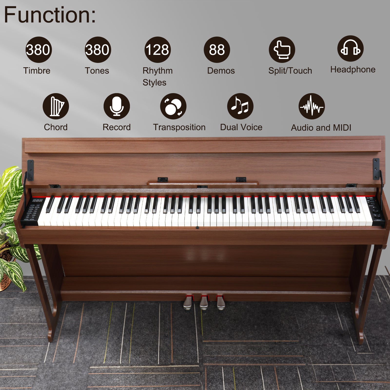 Ozici GDP-107 88 Key Standard Full Weighted Keyboards Digital Piano with Furniture Stand, Audio and MIDI Bluetooth, Triple Pedals, Headphone，for Black Walnut