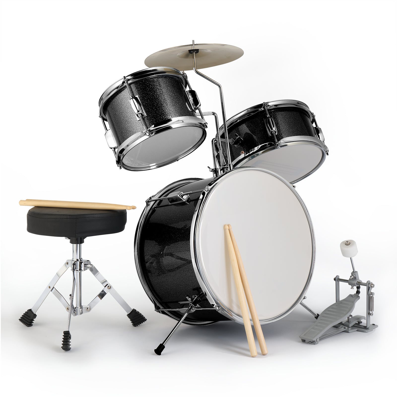 Ozici 14"x10" 3-Pieces Junior Kids Drum Set Kit Pedal Drum Stick Wrench Drum Stool Black