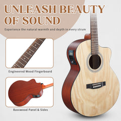 Ukscs 41-inch Willow panel guitar with matte binding, comes with a 15W amplifier, bag, tuner, strings and other accessories, natural wood color.