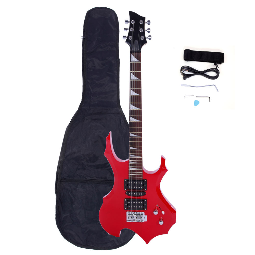 Ozici Novice Flame Shaped Electric Guitar HSH Pickup Bag Strap Paddle Rocker Cable Wrench Tool - Red