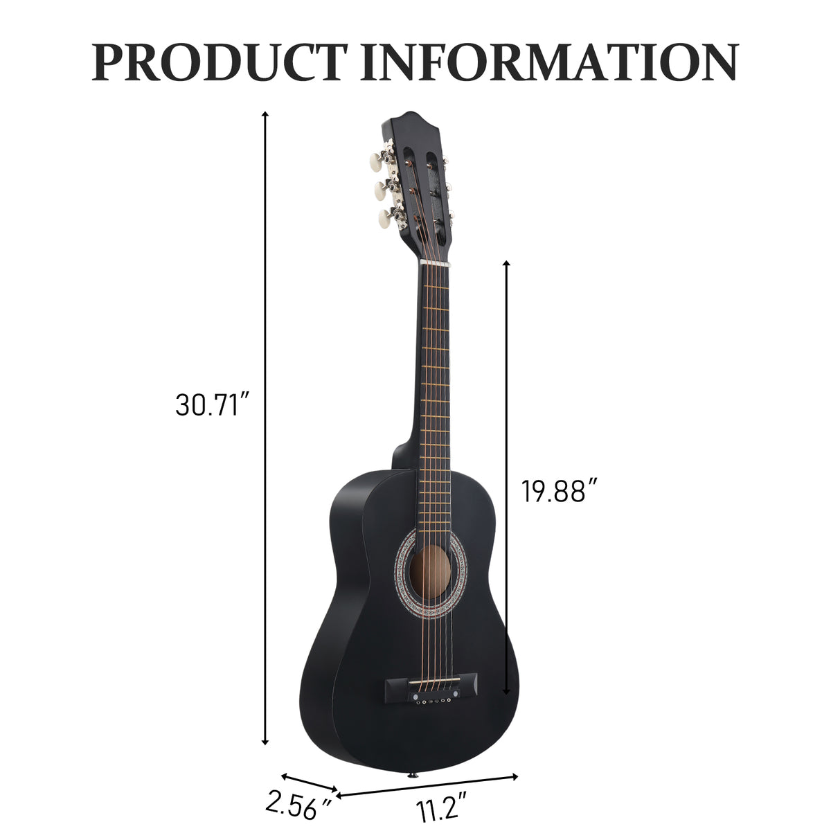 Ukscs Matte Black 30-inch Round Acoustic Guitar with Picks, Strings, Capo, Case, Tuner, and Strap