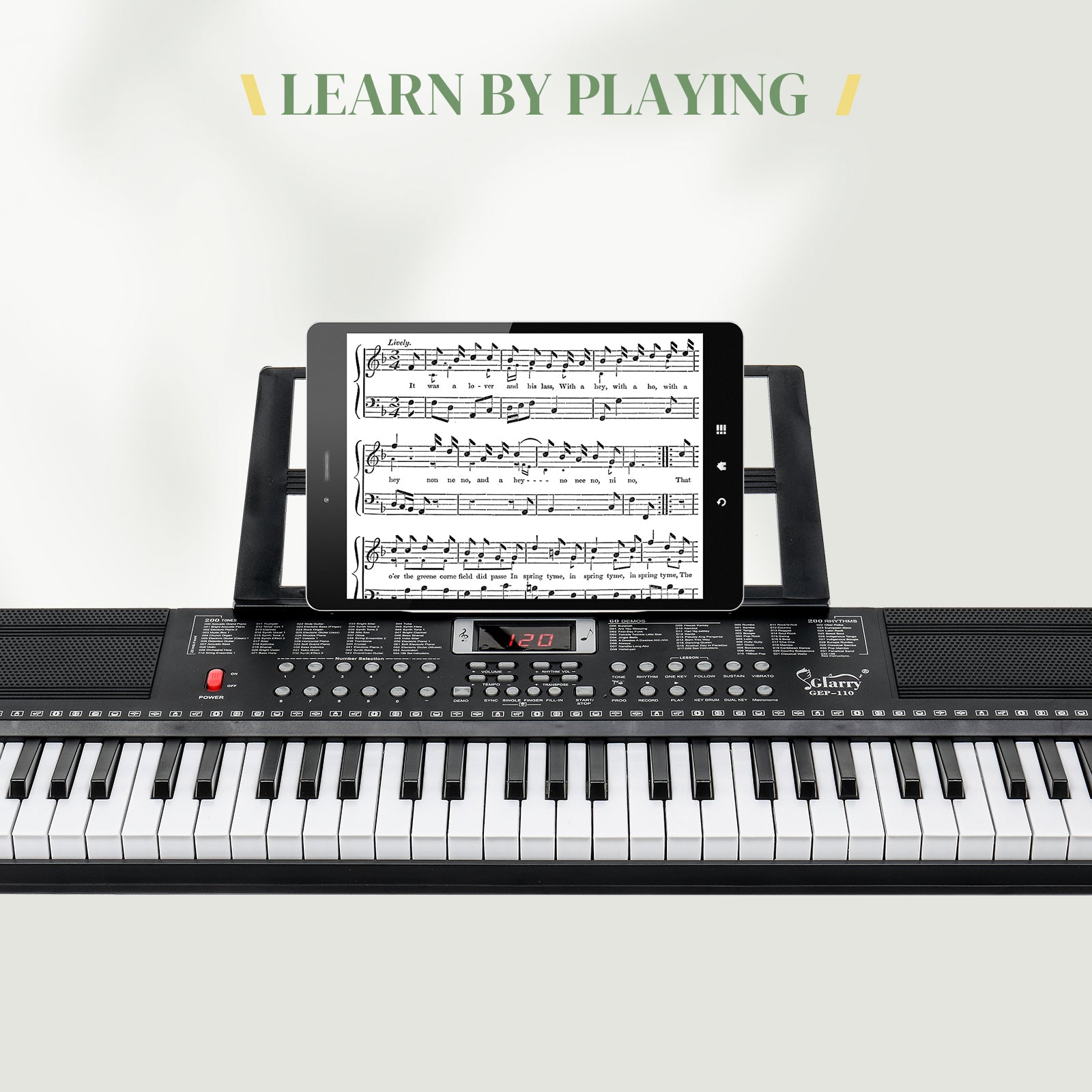 Ozici GEP-110 61 Key Keyboard with Piano Stand, Piano Bench, Built In Speakers, Headphone, Microphone, Music Rest, LED Screen, 3 Teaching Modes for Beginners