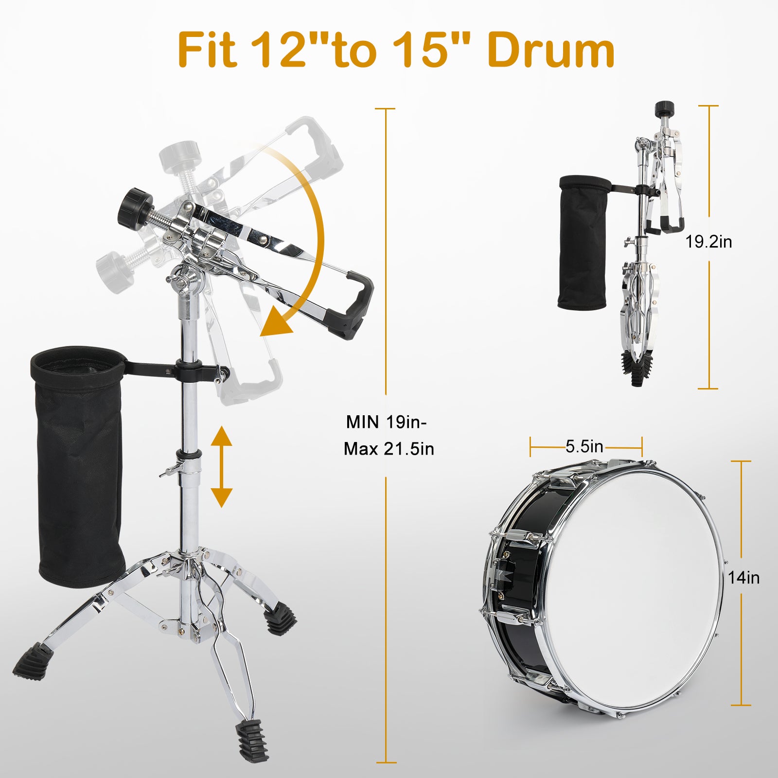 Ozici 14 x 5.5in Snare Drum Set with Drumstick Holder, Snare Drum Bag, Strap, Mute Pad & Drum Stick for Beginner Student Black