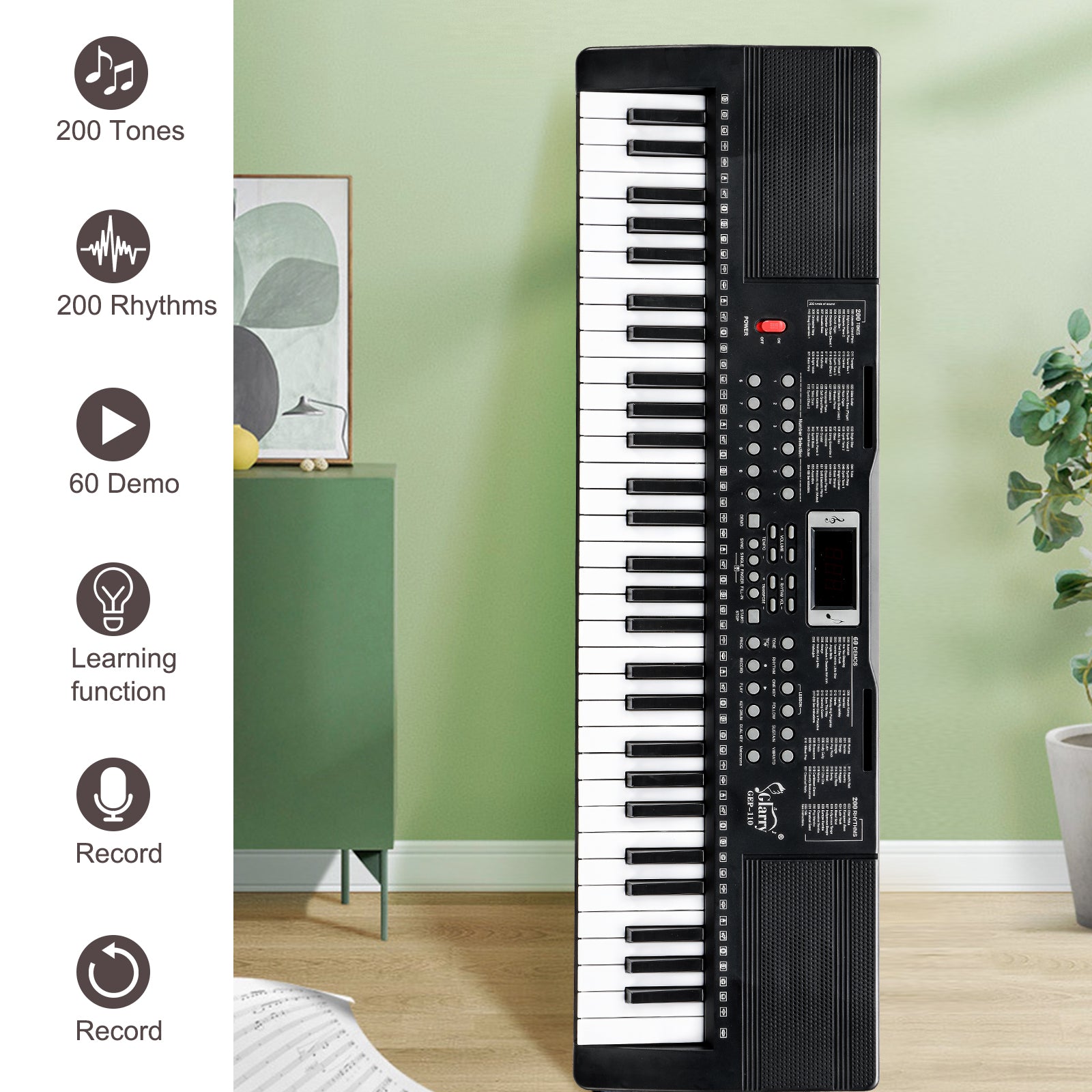Ozici GEP-110 61 Key Keyboard with Piano Stand, Piano Bench, Built In Speakers, Headphone, Microphone, Music Rest, LED Screen, 3 Teaching Modes for Beginners