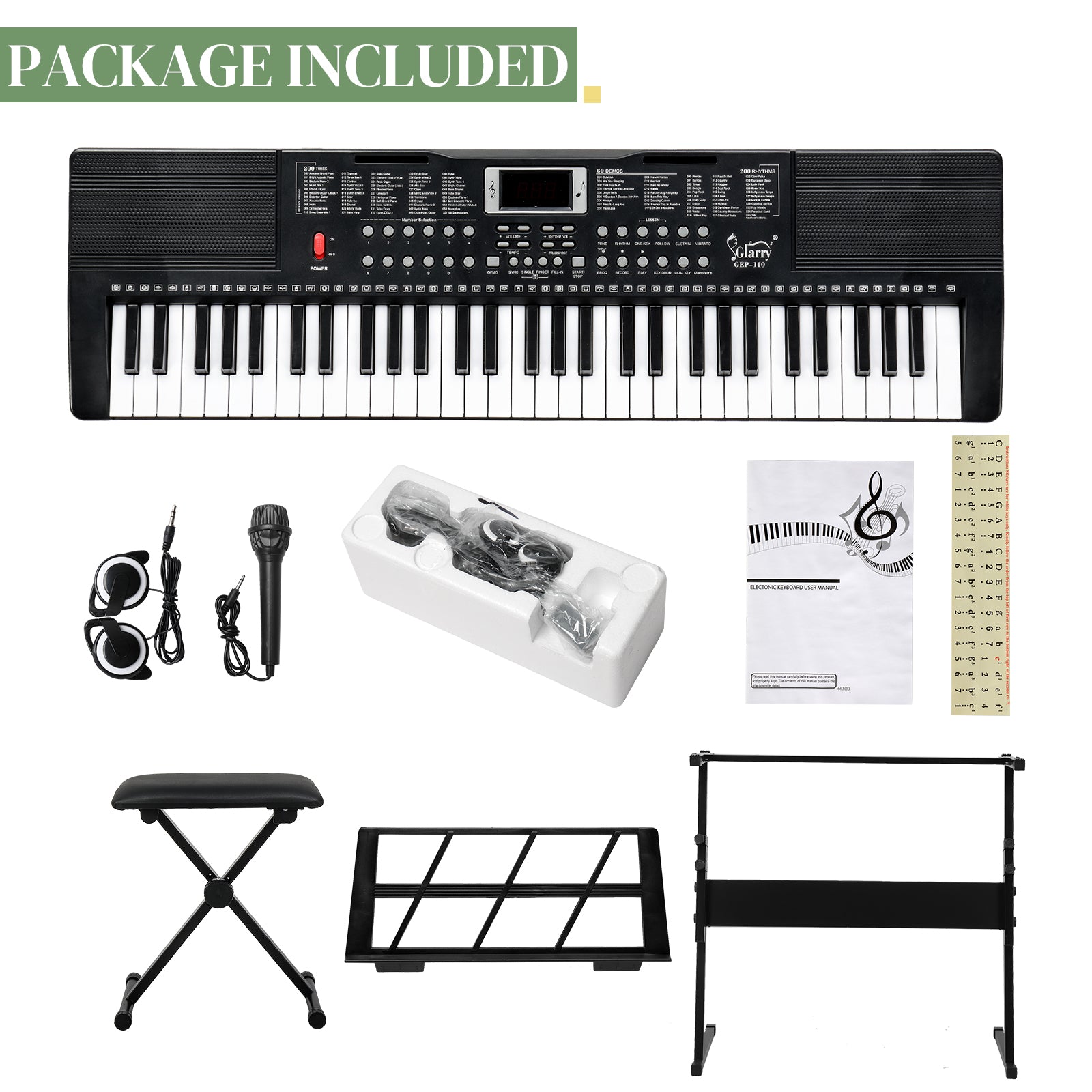 Ozici GEP-110 61 Key Keyboard with Piano Stand, Piano Bench, Built In Speakers, Headphone, Microphone, Music Rest, LED Screen, 3 Teaching Modes for Beginners