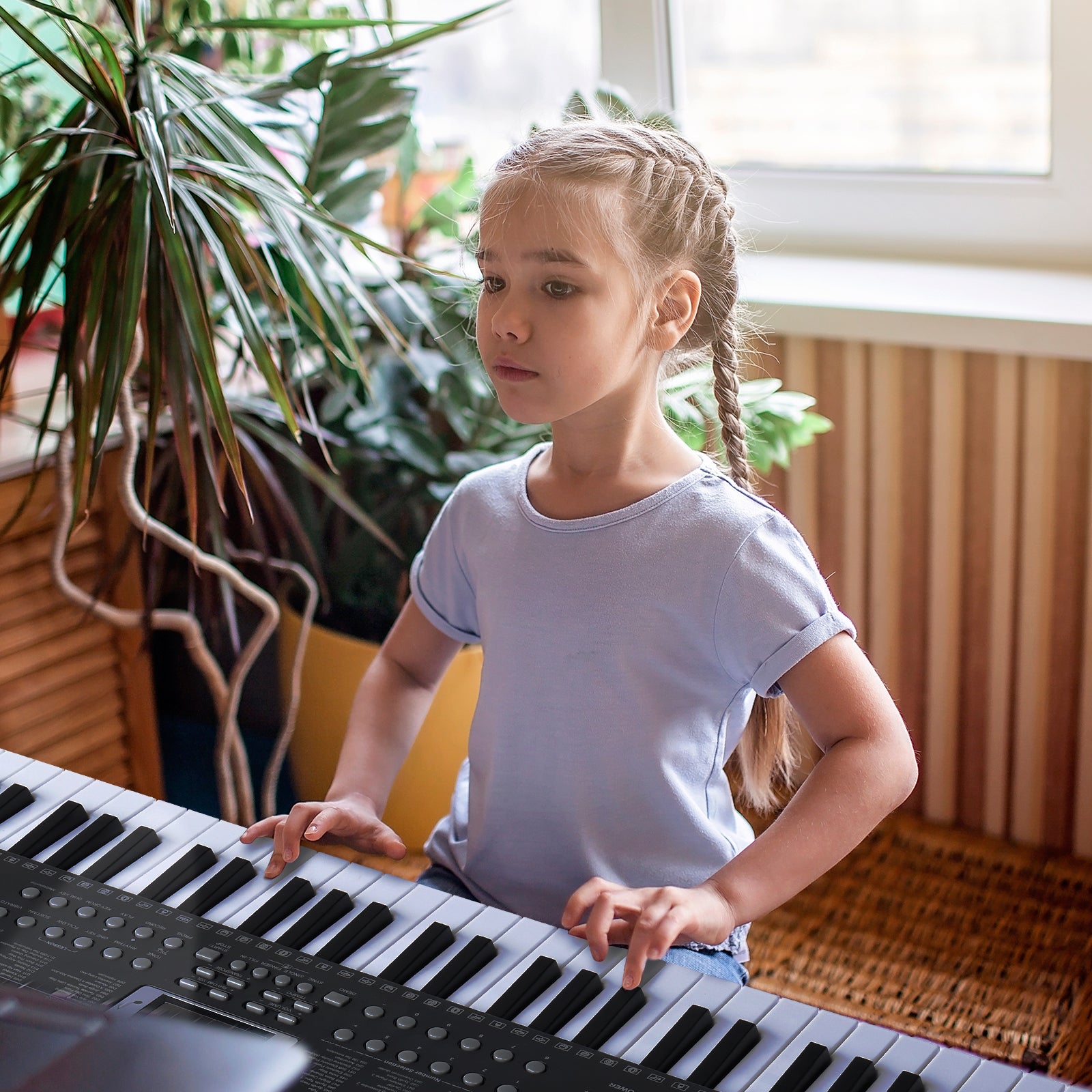 Ozici GEP-110 61 Key Keyboard with Piano Stand, Piano Bench, Built In Speakers, Headphone, Microphone, Music Rest, LED Screen, 3 Teaching Modes for Beginners