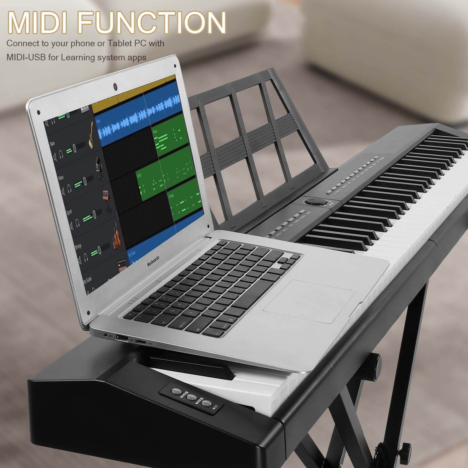 Ozici GPP-105 88 Key Full Size Semi-Weighted Standard Keyboards Digital Piano with Dual-tube X-Shape Stand, MIDI Bluetooth, Headphone