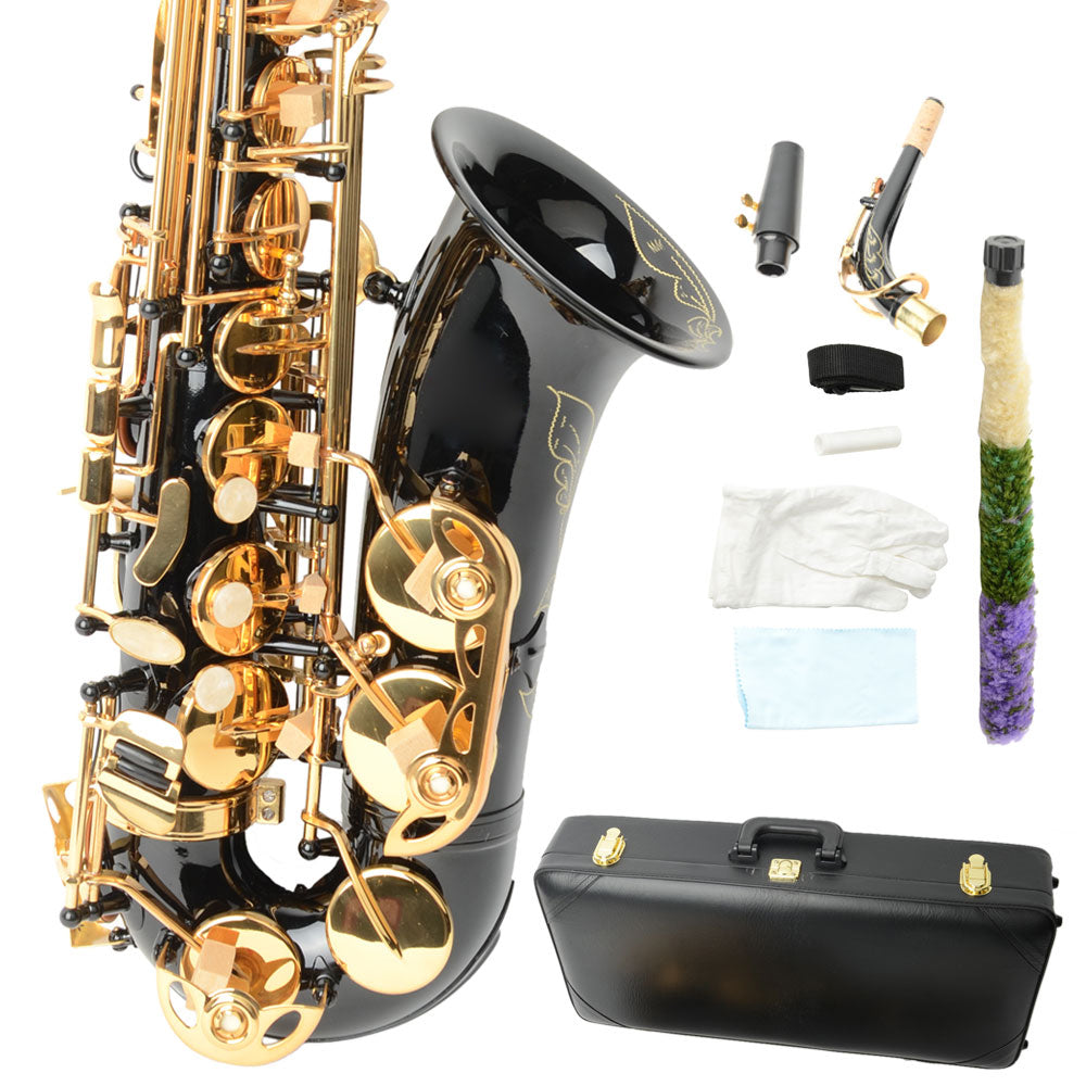 Ozici Be Brass Carving Pattern Pearl White Shell Button Saxophone with Strap - Black
