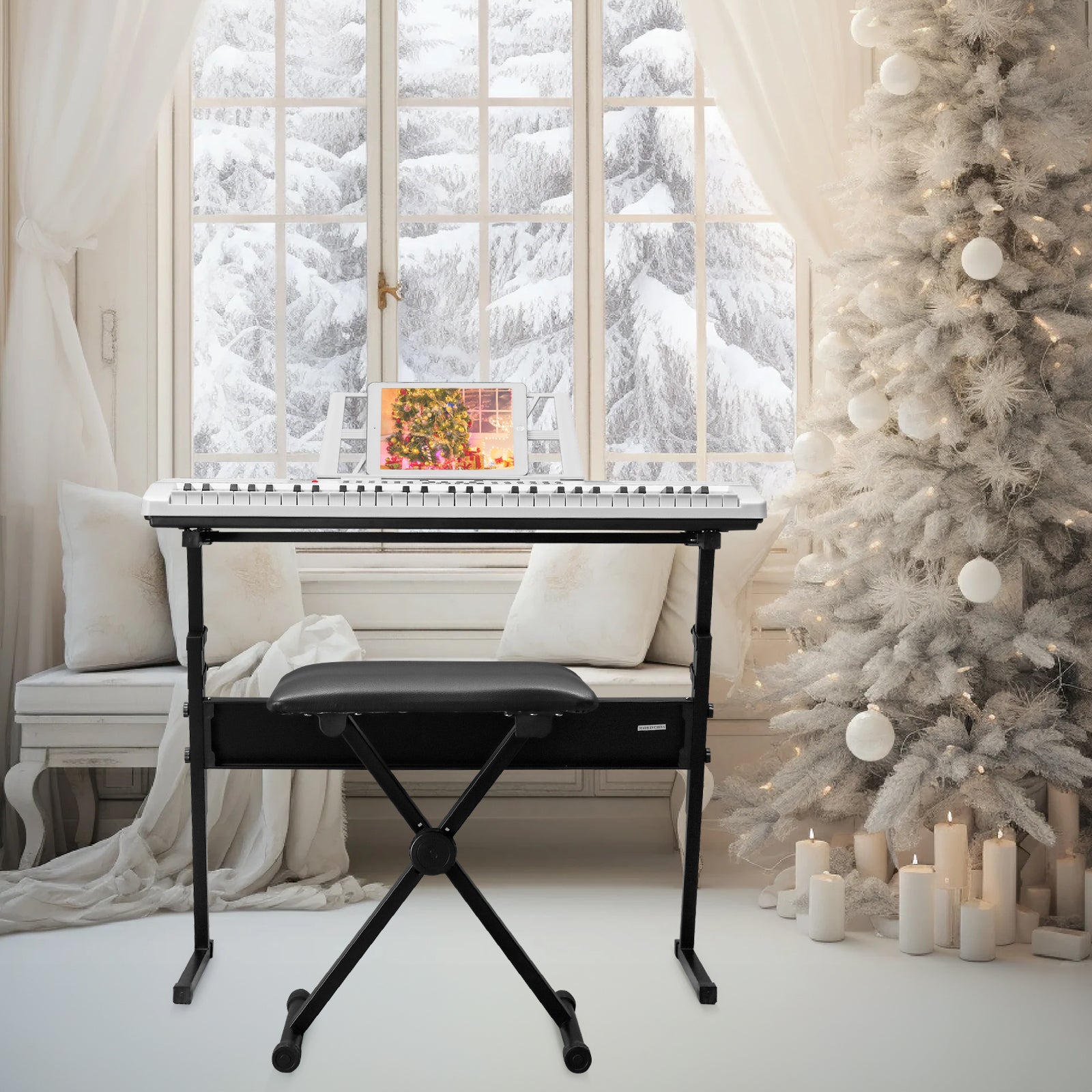 Ozici GEP-110 61 Key Lighting Keyboard with Piano Stand, Piano Bench, Built In Speakers, Headphone, Microphone, Music Rest, LED Screen