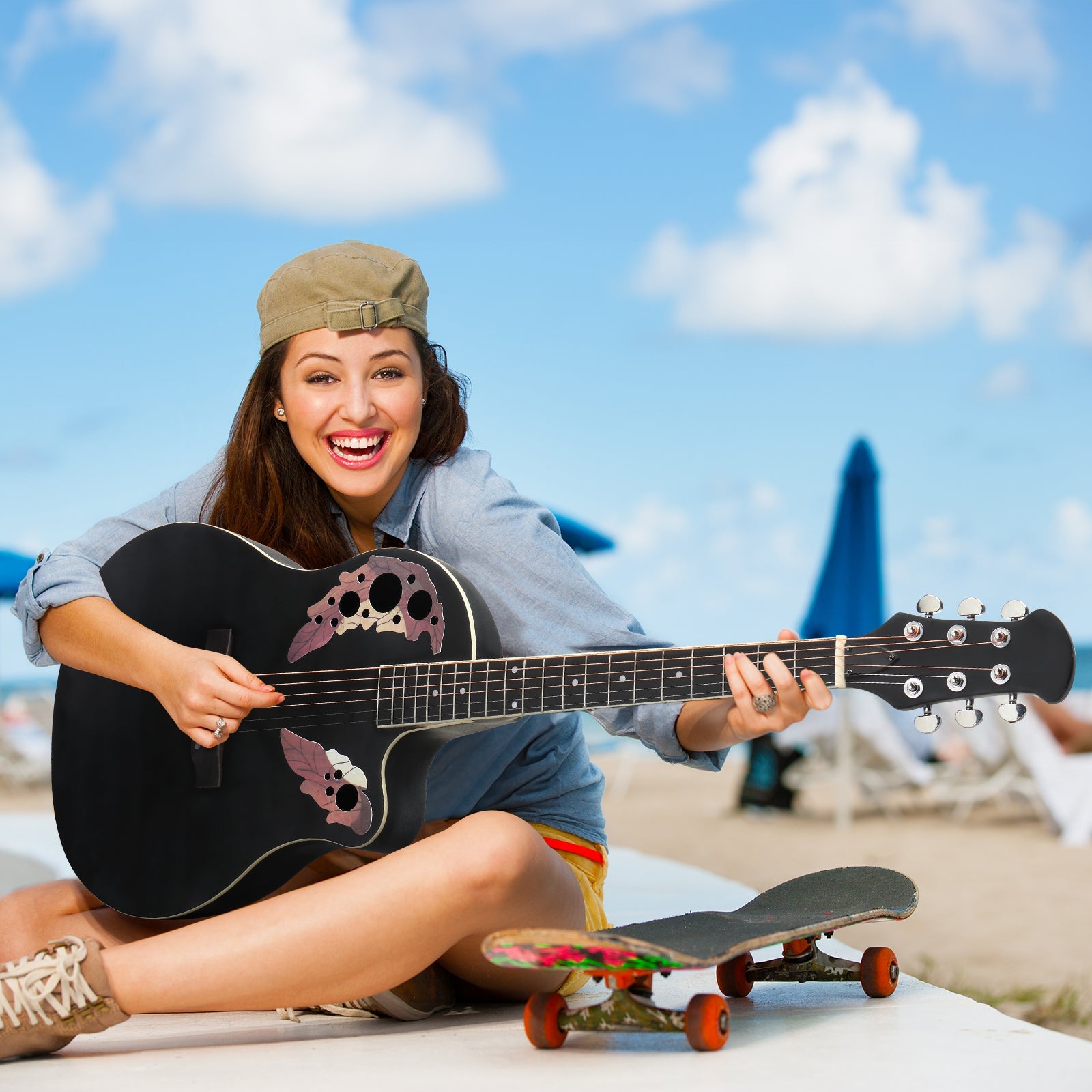 Ozici 41 inch Cutawary Round Back Acoustic Guitar Spruce Top Grape Hole - Black