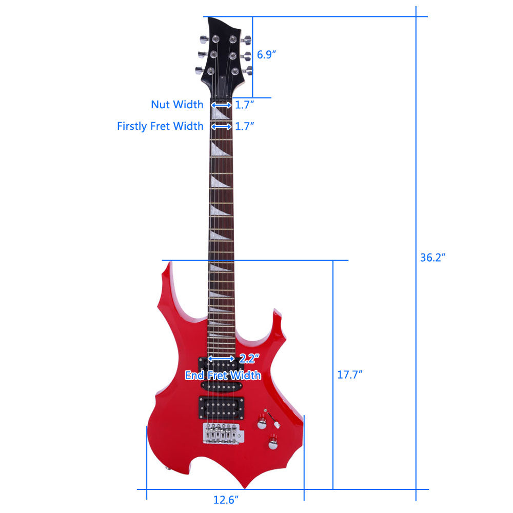 Ozici Novice Flame Shaped Electric Guitar HSH Pickup Bag Strap Paddle Rocker Cable Wrench Tool - Red