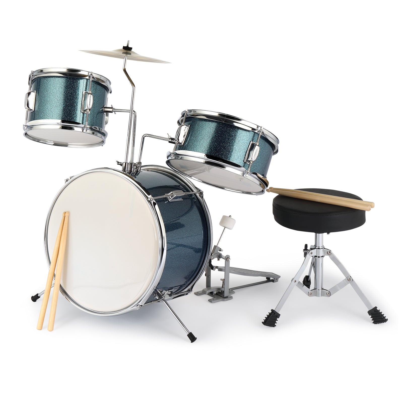 Ozici 14"x10" 3-Pieces Junior Kids Drum Set Kit Pedal Drum Stick Wrench Drum Stool Sky Blue
